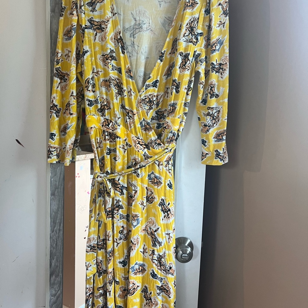 Modcloth Yellow Blue Wrap Midi Dress